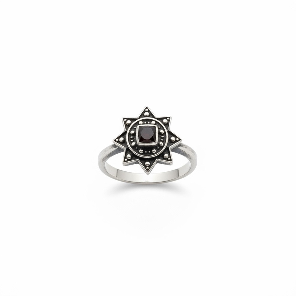 🖤 Vintage Art Deco Repro | Black Onyx Marcasite Sterling Silver Sunburst Ring